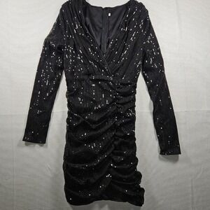 Black Sequin Ruched Bodycon Mini Dress Long Sleeve V-Neck Party Glam Size Small